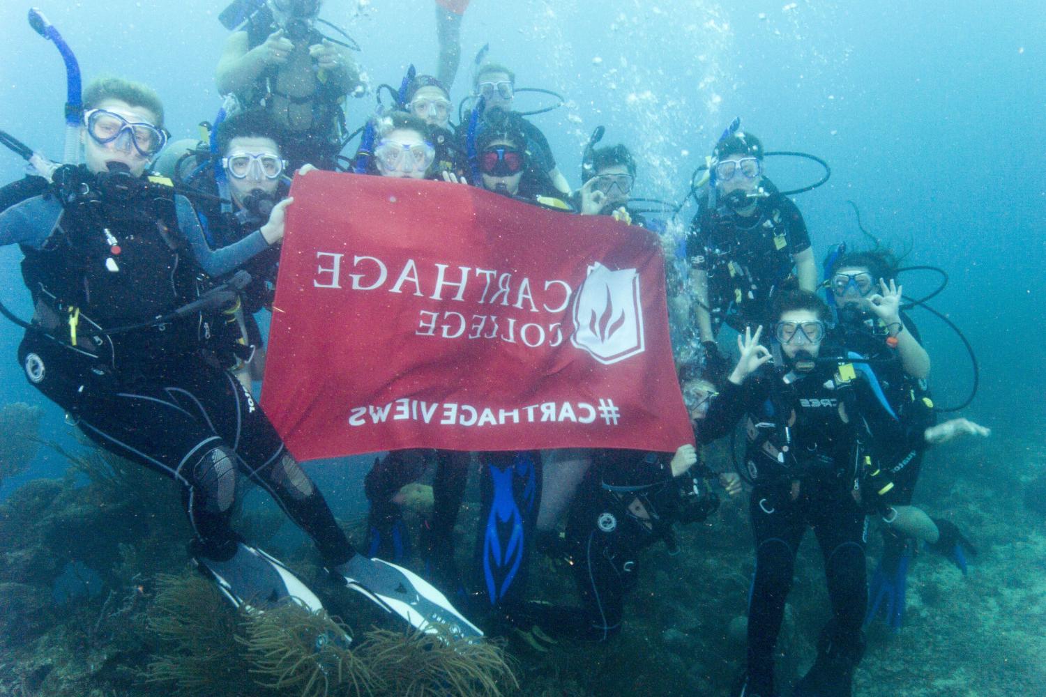 学生们手持<a href='http://qpzb.ngskmc-eis.net'>博彩网址大全</a>旗帜，在j学期洪都拉斯游学之旅中潜水.